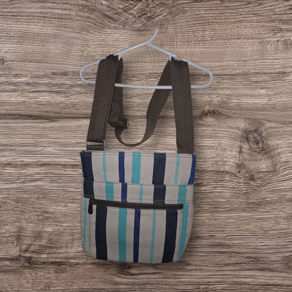 Thirty One Organizing Crossbody Tote In Blue Twill Stripe Adjustable And Pockets - Picture 8 of 17